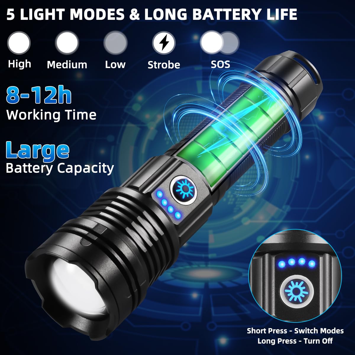 Flashlights High Lumens Rechargeable, Super Bright Flashlight, Adjustable Tactical Flashlight, 5Mode Flash Light High Powered, Waterproof LED Flashlight for Camping, Hiking, Home, Emergencies