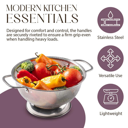 Bellemain Colander for Kitchen – 5 Qt Stainless Steel Strainer with Handle - 18/8 Pasta Strainer Bowl for Pasta, Spaghetti, Vegetables, Fruit, and Pot Draining - Stainless Steel Colander