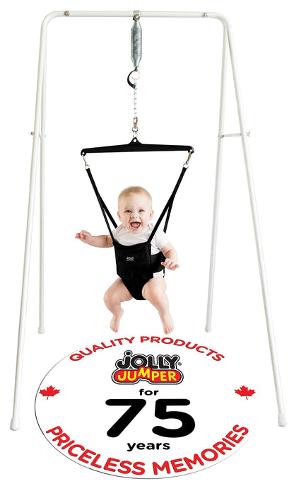 Jolly Jumper Classic (Black) with Stand - Baby Jumper, Indoor Exercise Saddle Seat, Adjustable Height, for Infants up to 28lbs, Your Alternative to Activity Centers and Baby Bouncers