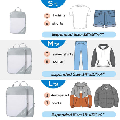 Compression Packing Cubes, 5 Set Packing Cubes for Travel Compression, Lightweight Compressible Package Organizer for Carry On and Suitcases, Light Grey
