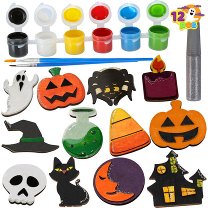 JOYIN 12 Pcs Halloween Wood Craft Kit, Wooden Magnet Creativity Arts Painting Kit, DIY Halloween Painting Craft for Kids Party Supplies, Toddler Party Favors Family School Activities