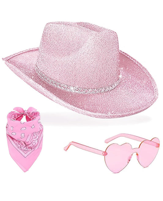 DAJOOEE Cowgirl Hat with Heart Sunglasses Glitter Cowboy Hat for Women Cosplay Bachelor Party Costume Hats (Pink)
