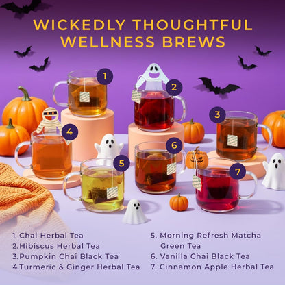 Gya Tea Co Halloween Tea Collection Autumn Tea Variety Pack, Caffeinated & Caffeine Free Holiday Gift Sampler Blends - 7 Flavors, 20 Bags Total - Easy Brew, Natural Quality Ingredients