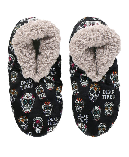 Lazy One Fuzzy Feet Slippers for Women, Cute Fleece-Lined House Slippers, Dead Tired, Sugar Skulls, Halloween, Non-Skid