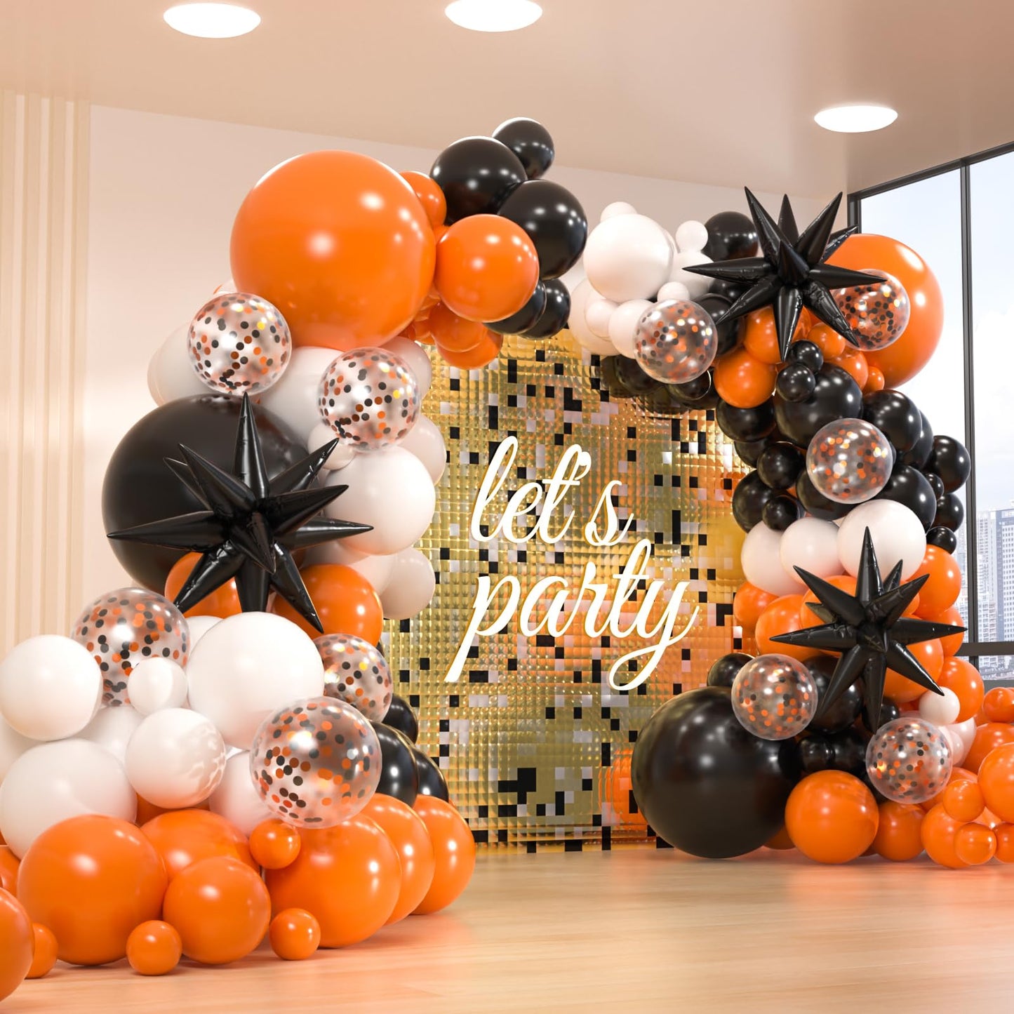 161pcs Black White Orange Balloons Arch Kit,Black Orange With 3pcs Starburst Foil Balloons for Birthday Graduation Halloween Thanksgiving Day Party Decorations