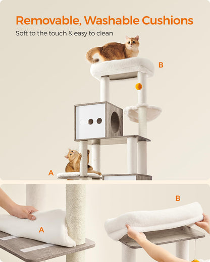 Feandrea Cat Tree with Litter Box Enclosure, 2-in-1 Modern Cat Tower, 70.8-Inch Tall Cat Condo with Scratching Posts, Perch, Caves, Basket, Washable Cushions, Heather Greige UPCT116G01