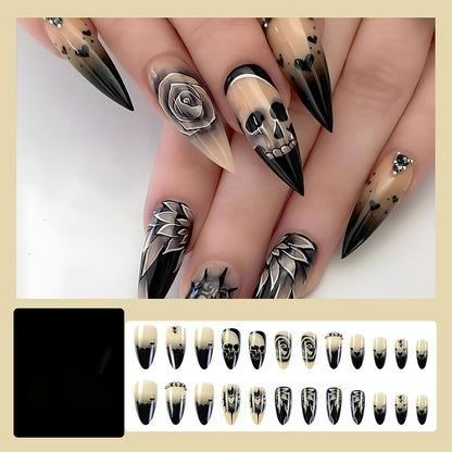 KKUUOO Stiletto Press-on Nails - Goth Fake Nails with Skull & Black Rose Design, Rhinestone Full Cover Acrylic Nails, 24pcs for Women, Girls & Halloween Manicure
