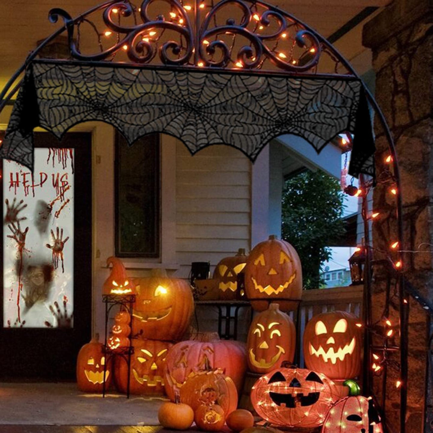 Comtraker Halloween Fireplace Mantle Decorations, Black Lace Spiderweb Mantel Scarf Cover Garland and 60 Pcs 3D Halloween Bats Wall Decor Stickers Decals for Festive Party Supplies, 18 x 98 inch