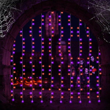 echosari Halloween Curtain Lights Battery Operated, 300 LED Purple Orange Fairy Curtain Lights 9.8Ft x 9.8Ft Hanging Lights with Remote Timer for Party Garden Yard Decor