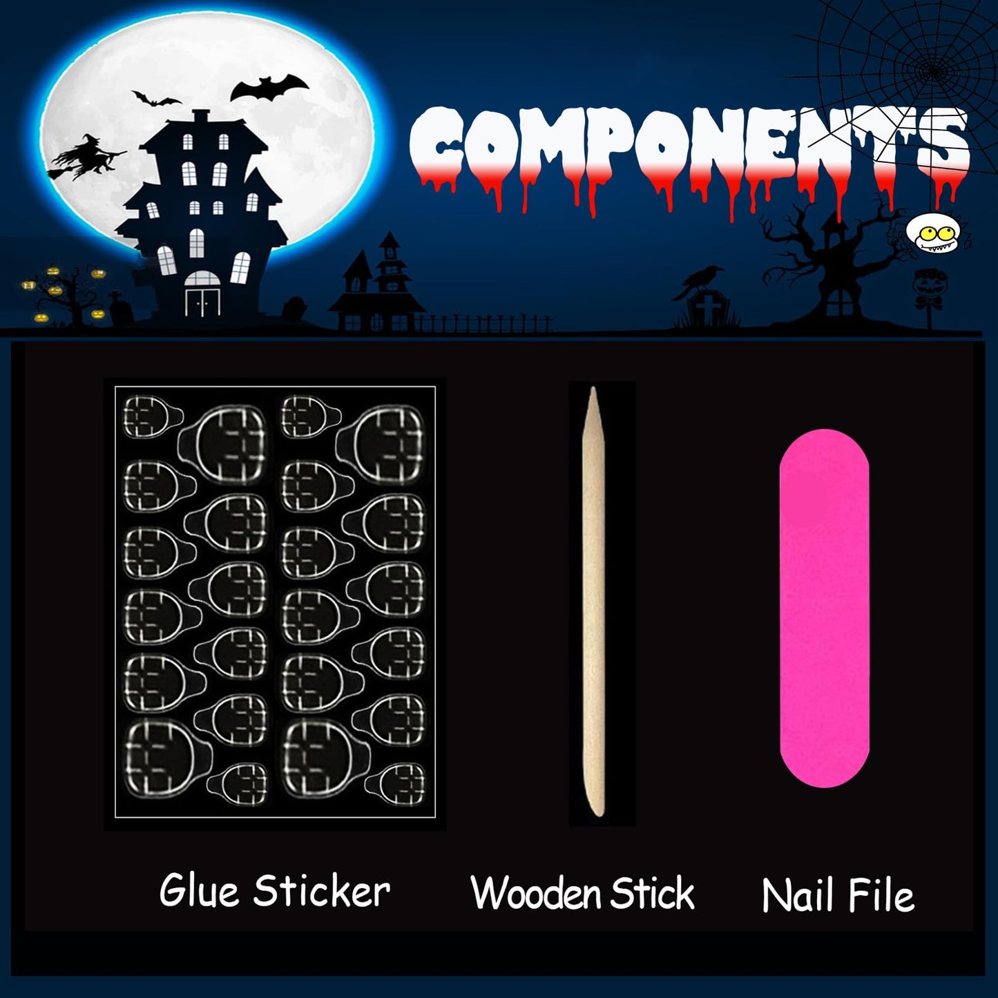 Halloween Press on Nails Long Coffin Fake Nails with Designs Cute Ghost False Nails Heart Flame Spider Skull Glue on Nails Full Cover Suqare Artificial Acrylic Stick on Nail for Women Girls 24 Pcs