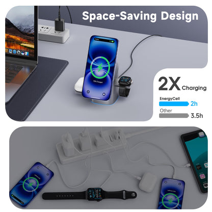 EnergyCell Rotating Wireless Charger, Qi2 Certified 2X Faster 15W for iPhone Charging Station 16/15/14/13/12, Apple Watch, AirPods, 3 in 1 Charging Station Apple Magnetic with Heat Dissipation, Grey