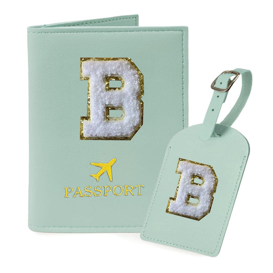 COSHAYSOO Green Initial Passport Cover and Luggage Tag Set TSA Approved with Chenille Letter Patch for Women Teenage Girls, 2 Pcs Double Passport Holder Best Bag Suitcase Identifier (B)