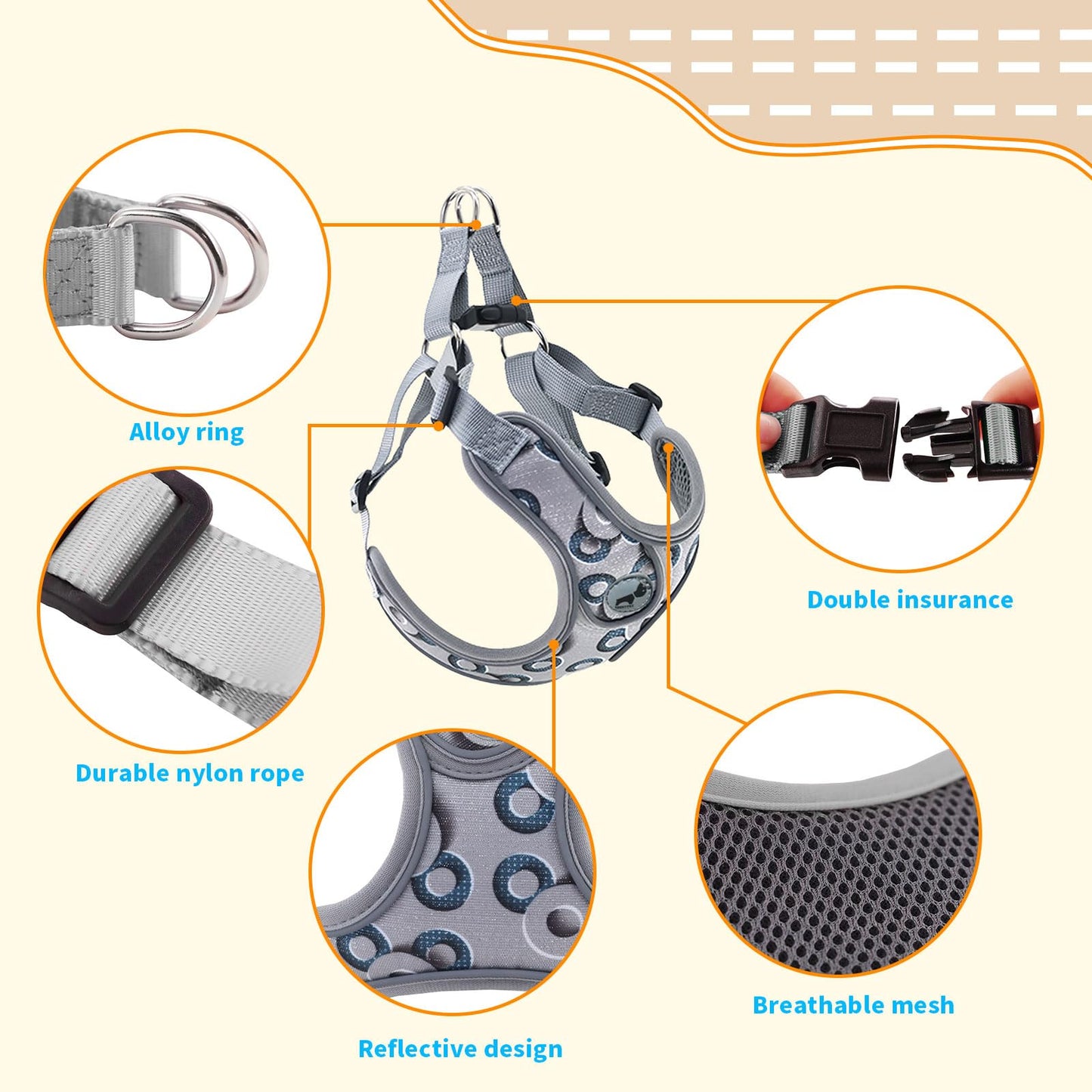 Dog Harness with Leash Set, Reflective Strips Step in with Breathable Padded Vest Harness for Small Dogs Running (S, Gray with Circle)