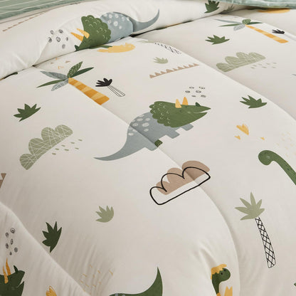 Joyreap 4 Piece Dinosaur Toddler Bedding Set, Cotton Toddler Comforter Sheet Set, Green Dinosaurs Print on White Design for Kids Boys n Girls
