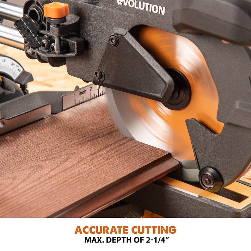 Evolution Power Tools R185SMS+ Sliding Miter Saw with Multi-Material Cutting, 45 Degree Bevel, 50 Degree Miter, 210 mm Slide, Blade Included Cuts Wood Plastic Metal & More, 7-1/4"