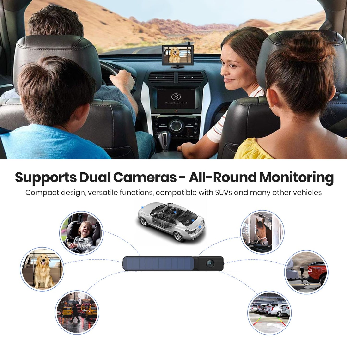 Foxpark Solar Wireless Backup Camera, 1080P 5'' Monitor Back Up Camera Systems Wireless, 3 Mins DIY Installation, Reverse Camera for Car, Truck, Van, RV