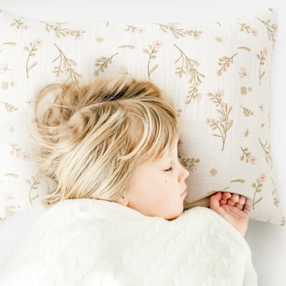 Konssy Muslin Toddler Pillowcase for 13x18 Pillow, 2 Pack Soft & Breathable Cotton Toddler Pillow Case, 100% Cotton Travel Pillow Covers for Baby Kids (Floral, Pink)