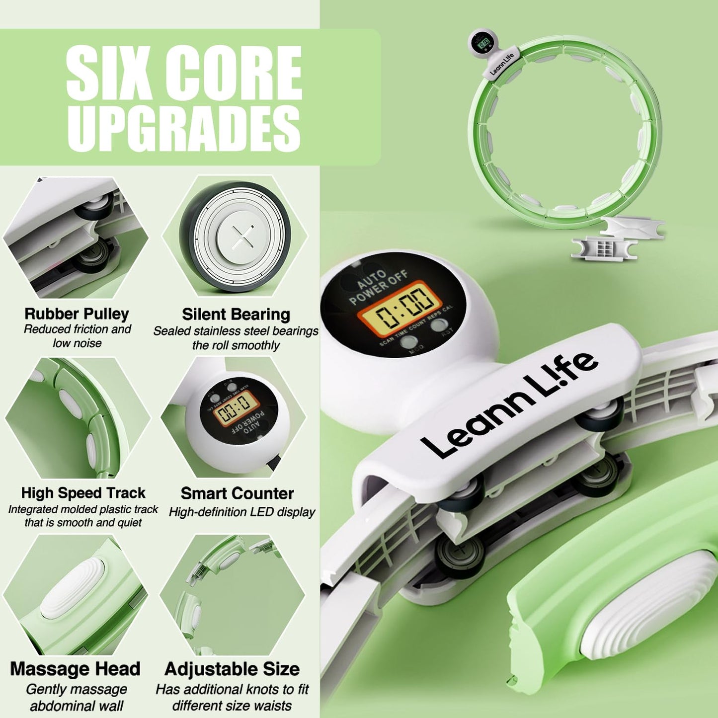 Leann L!fe U5-16 Knots with Counter, U5 Silent Smart Weighted Hula Hoop for Adults Weight Loss Infinity Hoop Plus Size, Home Outdoors Fitness Exercise, Abdominal Toner, (Green-Waist 28"~46")