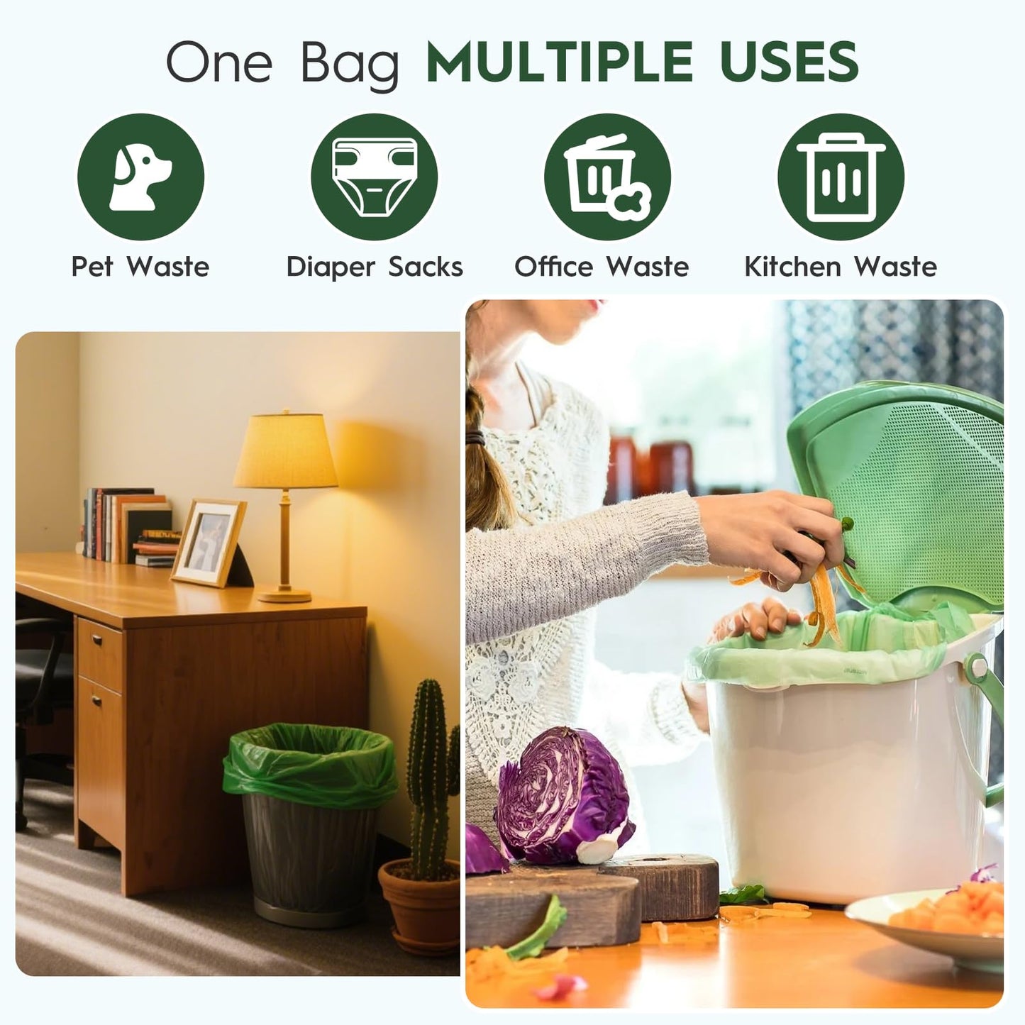 Compostable Trash Bags 1.2-1.6 Gallon Handle Tie 50 Count 0.6 Mil 6.06 Liter Small Compost Bags for Countertop Bin Biodegradable Bags Green for Kitchen ASTM D6400 & BPI Certified, OK Compost Home
