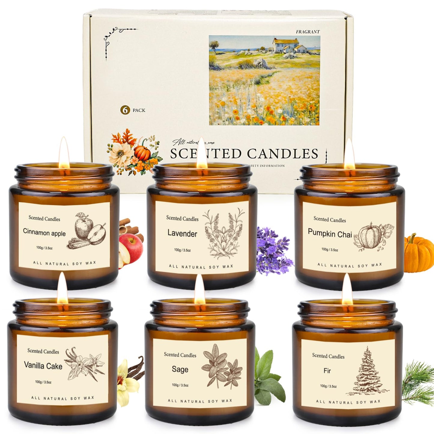 6 Pack Fall Candles Set,Scented Candles for Home, Aromatherapy Gifts for Women Men, Fall Winter Holiday Natural Soy Candles Set for Birthday, Mother's Valentines Day Gifts for Her