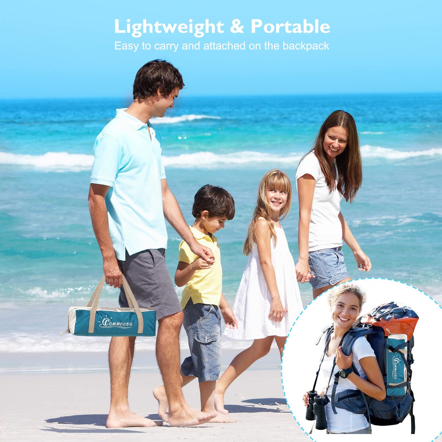 COMMOUDS Beach Tent Sun Shade for 3/4-5/6-7/8-10 Person, UPF 50+ Beach Sun Shelter Canopy Tent, Lightweight, Easy Set Up and Carry