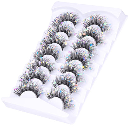 Glitter Lashes Dramatic False Eyelashes with Shinny Glitter Decorative Colored Lashes Glow in the Dark Faux Mink Eyelahses Cat Eye Strip Lashes Pack 7 Pairs