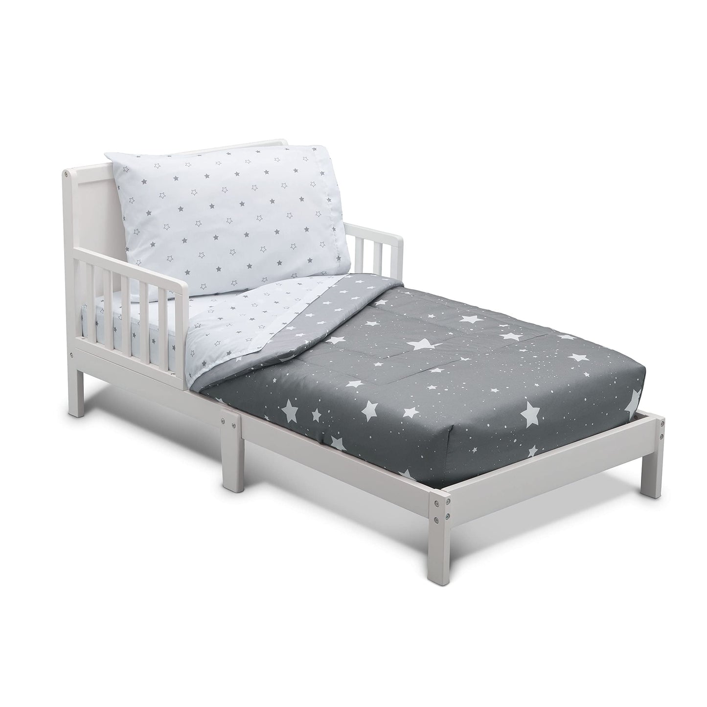 Delta 4-Piece Reversible Toddler Bedding Set - Fitted Sheet, Top Sheet, Pillowcase, 2-in-1 Comforter - For Boys, Dusty Skies & Grey Stars