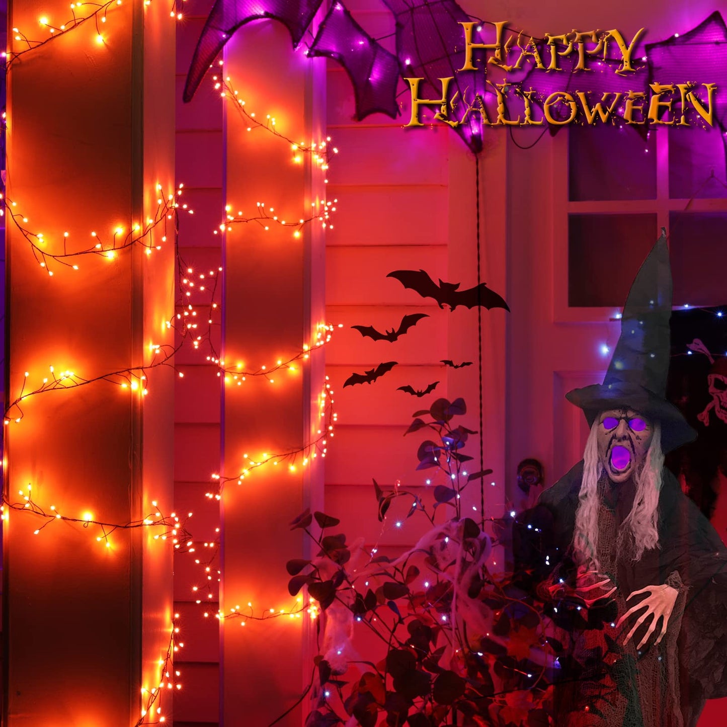 Halloween Fairy Lights Plug in, 10Feet 200 LEDs Firecracker String Lights with Remote, Cluster String Lights for Ceiling Bedroom Wreath Garland Window Bar Haunted Theme Halloween Decoration, Orange