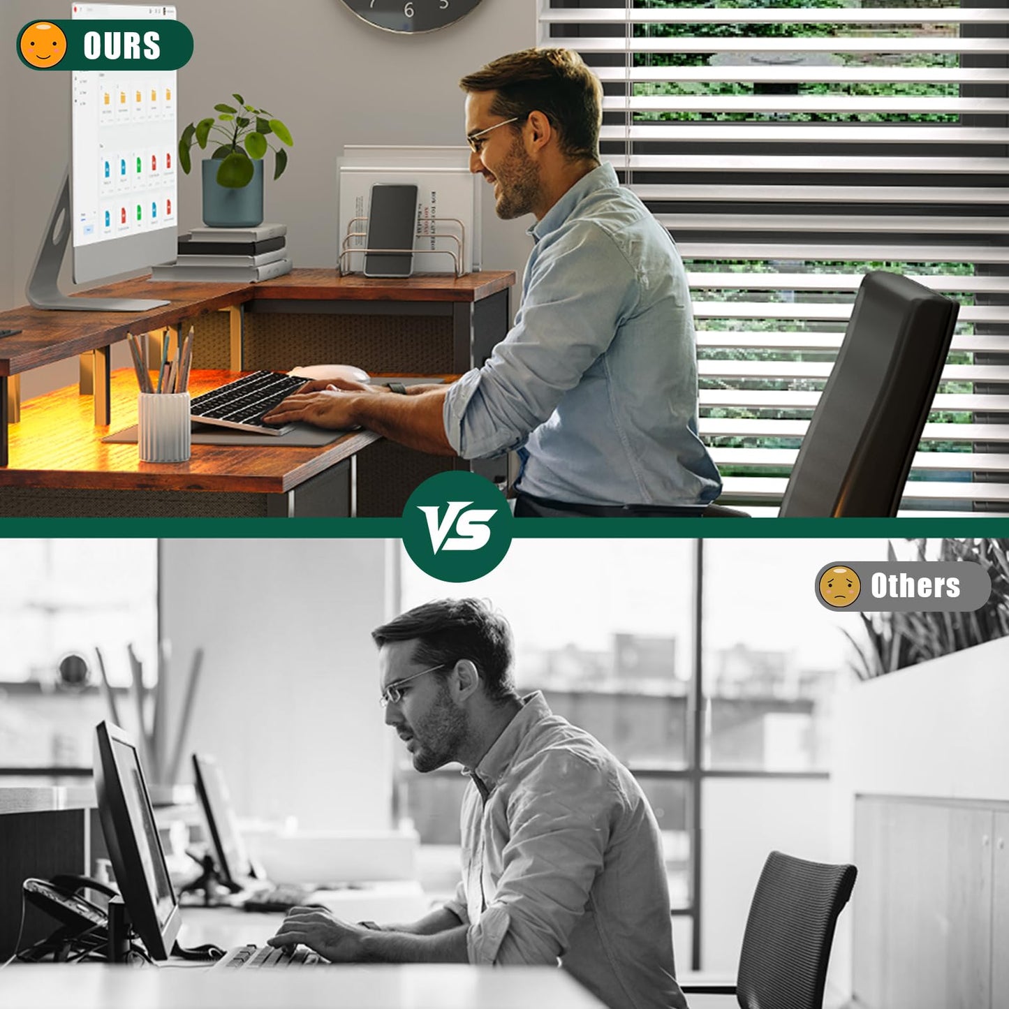 Korfile 47 Inch Computer Gaming Desk with Power Outlets LED Lights Reversible Home Office with Adjustable Fabric Storage Drawers for Working Writing Study, Rustic Brown