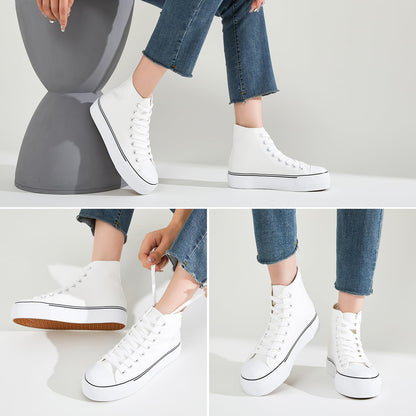 FRACORA Womens High Top Canvas Shoes White Black Platform Sneakers Lace Up Shoes for Women(White,US9)