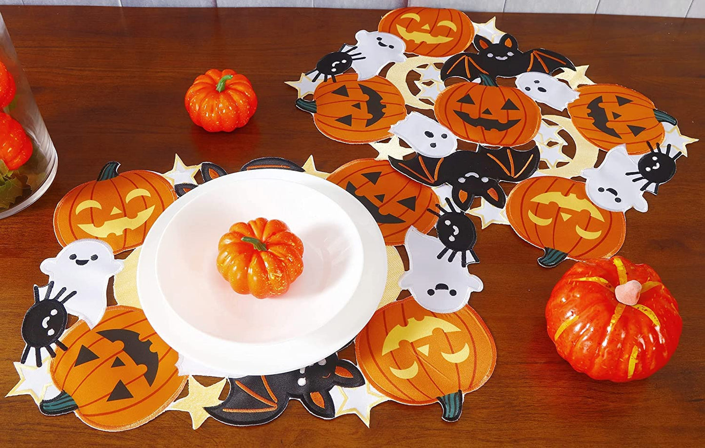 Halloween Pumpkin Table Runner and Placemats Cutwork Embroidered Fall Thanksgiving Autumn Harvest Table Decorations for Party Holiday Dinner (Placemats Set of 2 12"X18", 2)