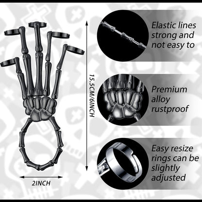 Hicarer 2 Pcs Skeleton Hand Bracelet with Finger Ring Metal Steampunk Skull Gothic Skull Bracelet Adjustable Skeleton Hand Jewelry Finger Wristband for Men Women Halloween Cosplay