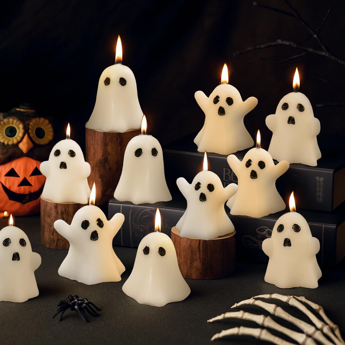 12 PCS Halloween Ghost Candles Spooky Candles White Floating Candles Halloween Decorative Tabletop Candle White Dripless Wax Burning Candle for Holidays Party