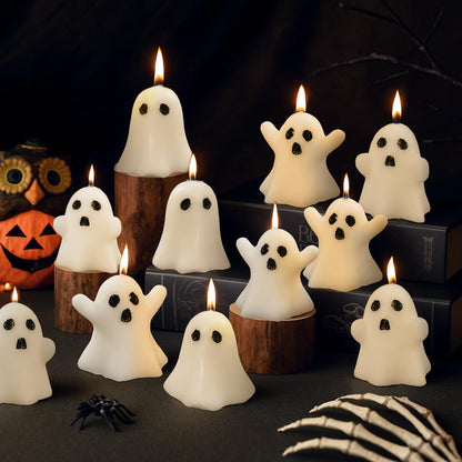 12 PCS Halloween Ghost Candles Spooky Candles White Floating Candles Halloween Decorative Tabletop Candle White Dripless Wax Burning Candle for Holidays Party