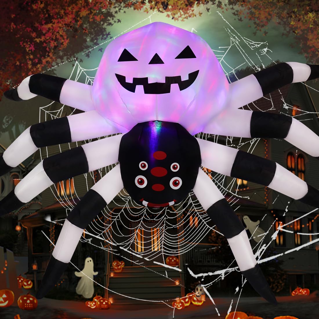 GOOSH 5FT Width Halloween Inflatables Outdoor Decorations Spider with Magic Light Broke Out from Window, Blow Up Yard Decorations with LED Lights for Party Yard Garden Lawn