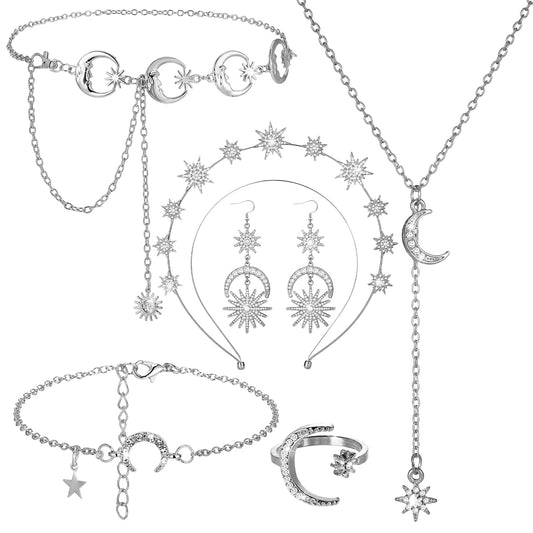 Glenmal 6 Pcs Halloween Crown Moon Star Headband Celestial Earrings Belt Jewelry for Wedding Moon Goddess Costume Accessories(Silver)