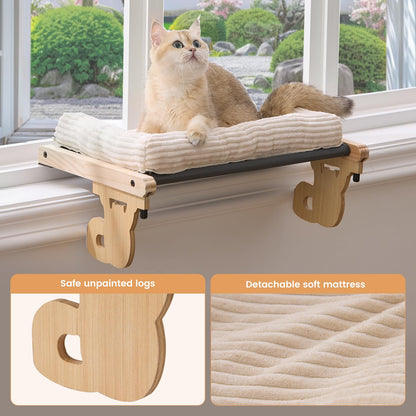 Gardner Pet Cat Window Perch, 2 in 1 Cat Hammock Window Sill Seat with Cushion, Adjustable Cat Bed for Window sill, Wood & Metal Frame for Large Cats(Beige)