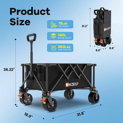 Hikzest Collapsible Wagon Cart Foldable, 360LBS Heavy Duty Utility Wagon, Beach Wagon with Wider Wheels, Portable Grocery Cart for Camping, Shopping, Garden, Sports, Black