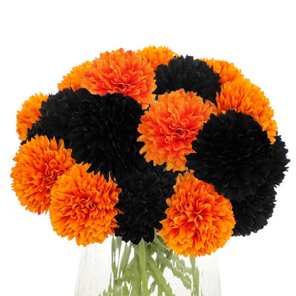 Kimura's Cabin 20Pcs Faux Mums Flowers Fake Chrysanthemum Artificial Silk Ball Flowers for Halloween Garden Home Kitchen Table DIY Decoration Center Fall Bouquets (Orange Black)
