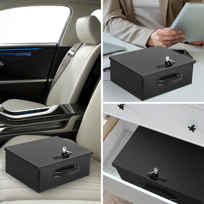 Dalmbox Portable Metal Safe Box with Dual Combination and Key Lock - Fire Resistant Storage for Documents, Car, Home and Outside - X Large 13.2"x 11"x 5.1" Black Box