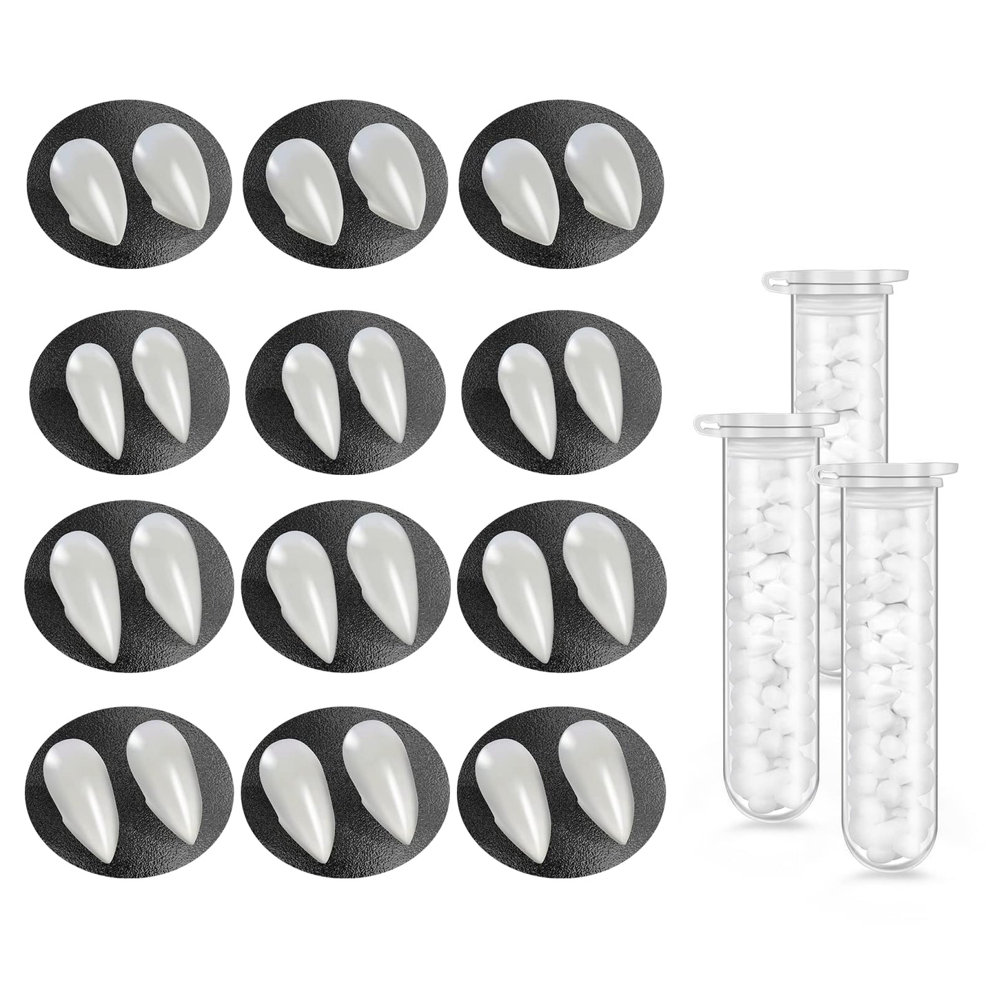 12 Pairs Vampire Teeth for Cosplay-4 Size Fake Fangs with 3 Tube Solid Adhesive for Halloween Props, Anime Party Dress Up Costume Masquerade Accessory Gift for Christmas Party