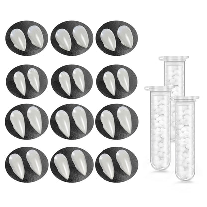 12 Pairs Vampire Teeth for Cosplay-4 Size Fake Fangs with 3 Tube Solid Adhesive for Halloween Props, Anime Party Dress Up Costume Masquerade Accessory Gift for Christmas Party