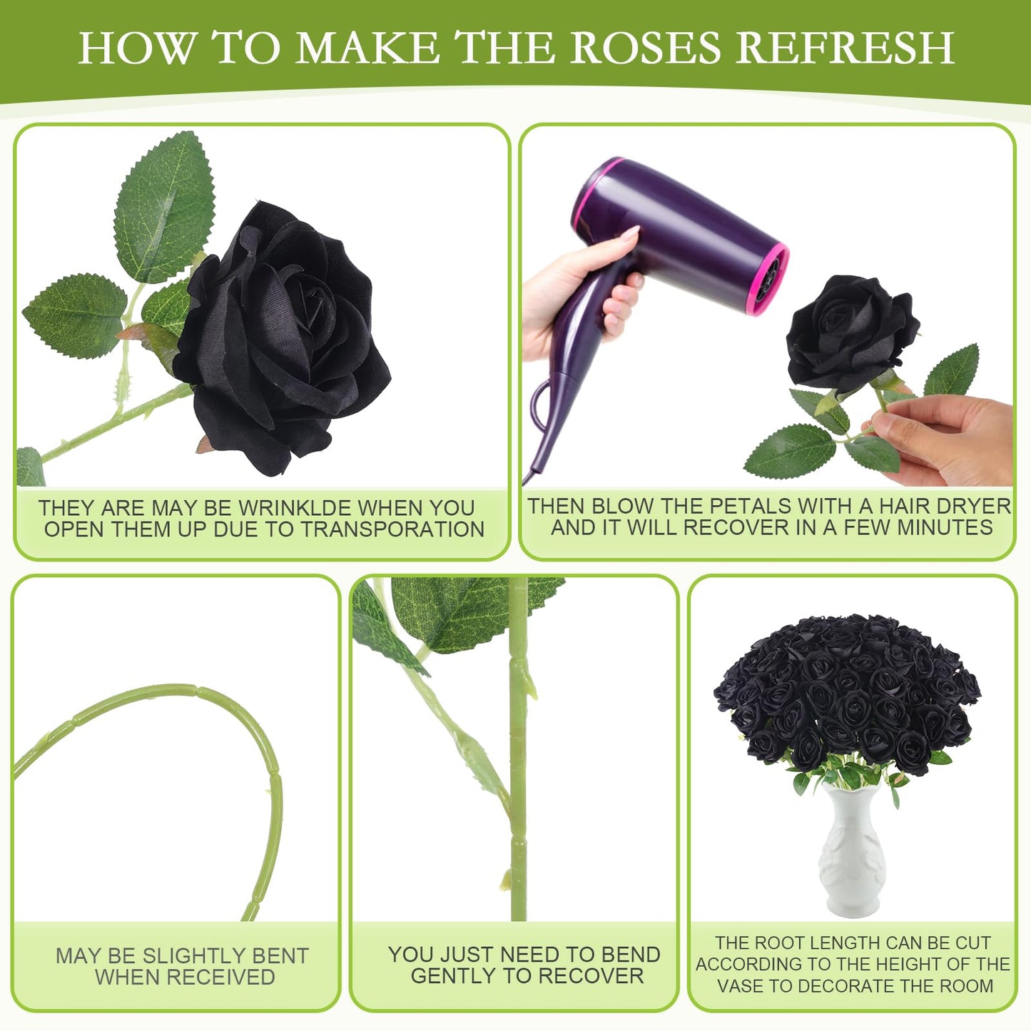 Hananona Black Artificial Roses for Flower Arrangement, 12 Pcs Silk Black Roses Bouquet for Halloween Home Decoration, Faux Black Roses for Halloween and Gothic Decoration