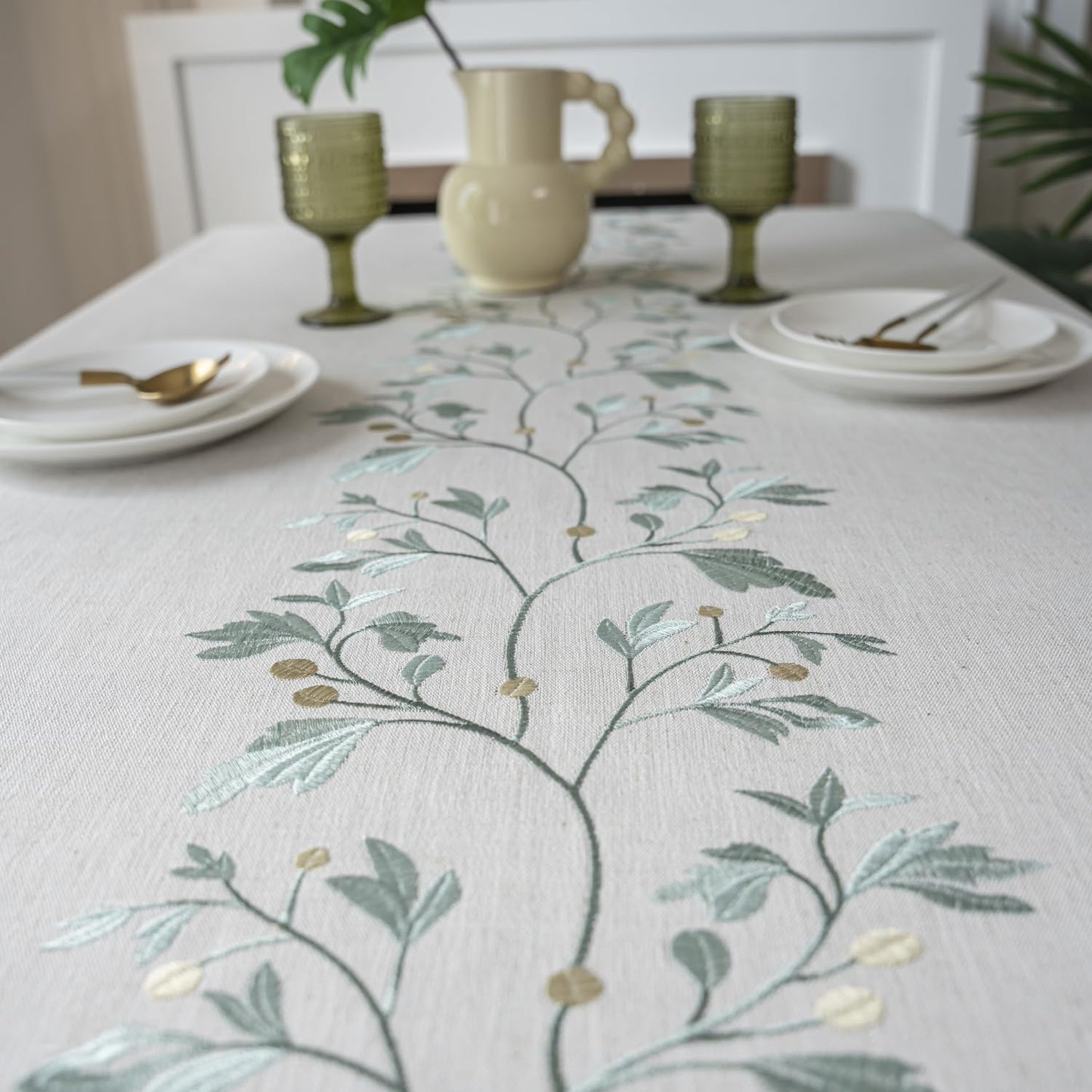 ColorBird Fabric Tablecloths for Rectangle Tables, 55x102 inch Washable Kitchen Table Cloth Rectangle, Green Leaves 8ft Tablecloth Burlap Table Cover for Dinning Picnic Party