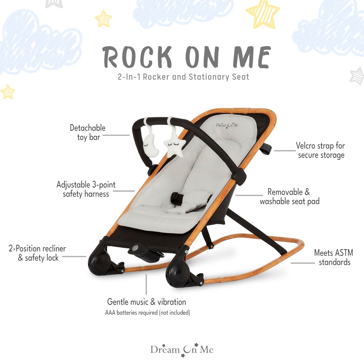 Dream on Me Rock with me 2-in-1 Rocker and Stationary Seat | Compact Portable Infant Rocker with Removable Toys Bar & Hanging Toys in Black & Grey