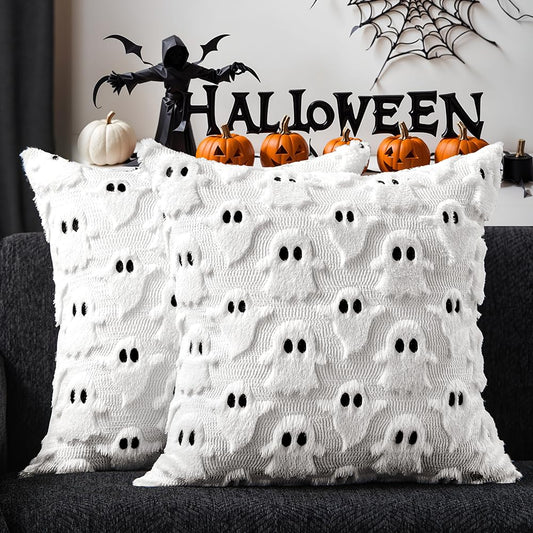DFXSZ Halloween Pillow Covers 18x18 inch Set of 2 White Ghost Throw Pillow Cases Soft Plush Faux Fur Wool Couch Cushion Case for Chair Sofa Bedroom Living Room Home Decor PTK03A18
