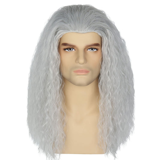 Koonfan Women Witch Costume Men Wizard Wig Silver Gray Old Lady Grandma Wig Halloween Cosplay Wigs