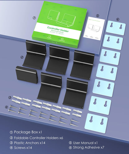 6 Pack Foldable Controller Wall Mount Holder for Xbox PS5 PS4 PS3 Switch Pro Strong Adhesive/Screw Upgraded Controller Stand Hanger with Anti-slip Pad Universal Gaming Remote, Headphone Accessories