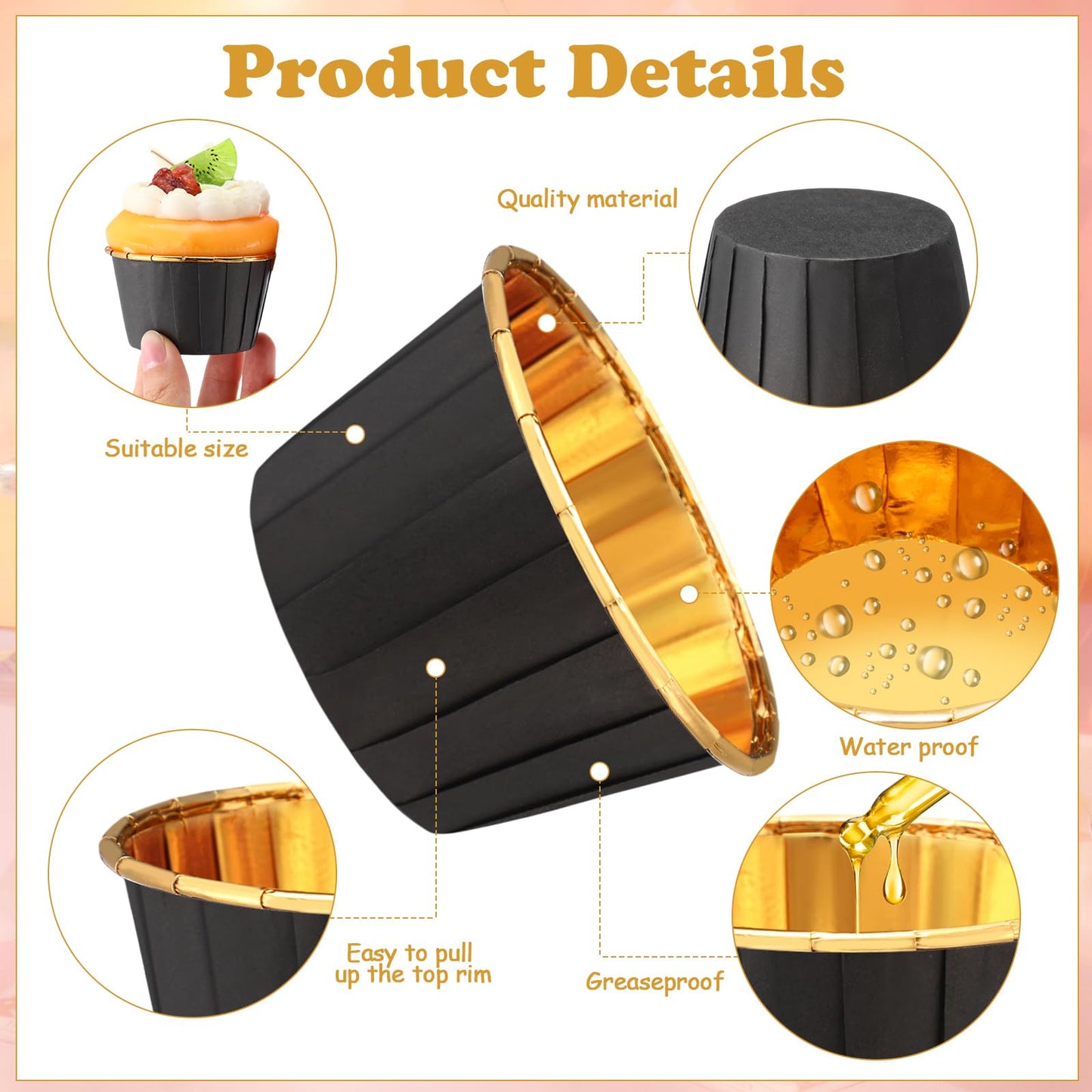 Gandeer 300 Pack Black Gold Cupcake Liners Bulk Disposable Foil Muffin Cups 3.5 oz Wrappers for Baking Aluminum Paper Mini Metallic Disposable Holiday Party Wedding Festival Supply