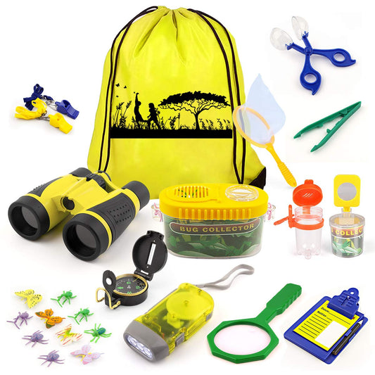 24 Pcs Kids Explorer Kit & Bug Catcher Kit for Kids, Outdoor Toys Adventure Camping Kit with Drawstring Bag, Binoculars, Compass, Butterfly Net, Educational Nature Exploration Toys Gift for Boys Girls